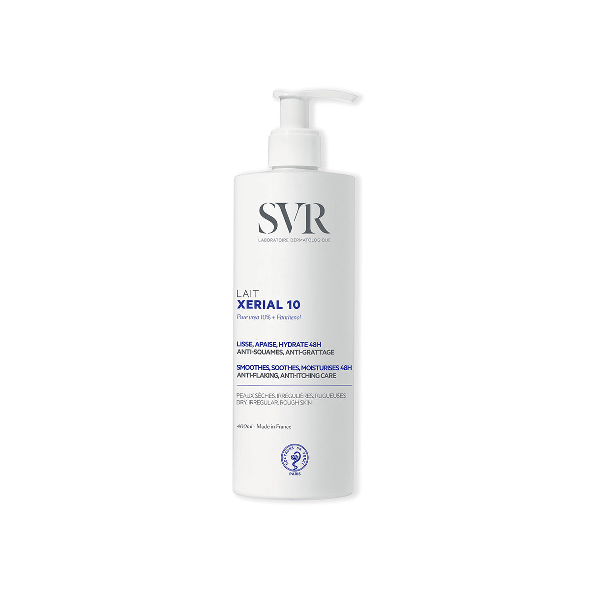 Flacon pompe blanc de 400ml SVR XERIAL 10 Lait pour peaux sèches avec texte bleu et noir sur fond blanc épuré.