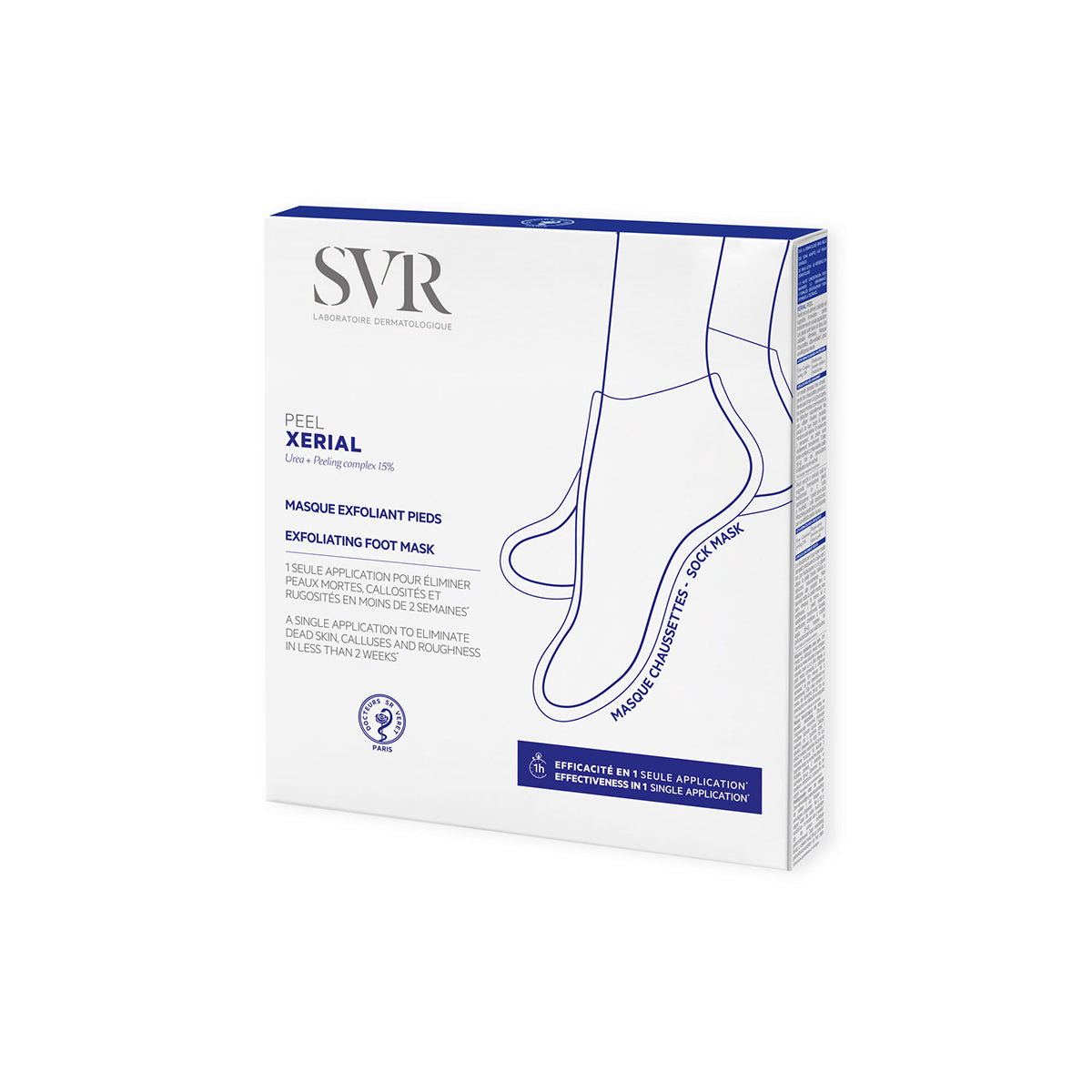 Boîte blanche et bleue du masque exfoliant pour les pieds SVR Xerial Peel avec illustration de chaussettes.