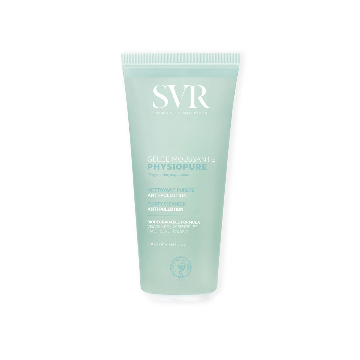 Tube de gelée moussante SVR Physiopure 200ml, nettoyant visage purifiant pour peaux sensibles, flacon vert menthe translucide.