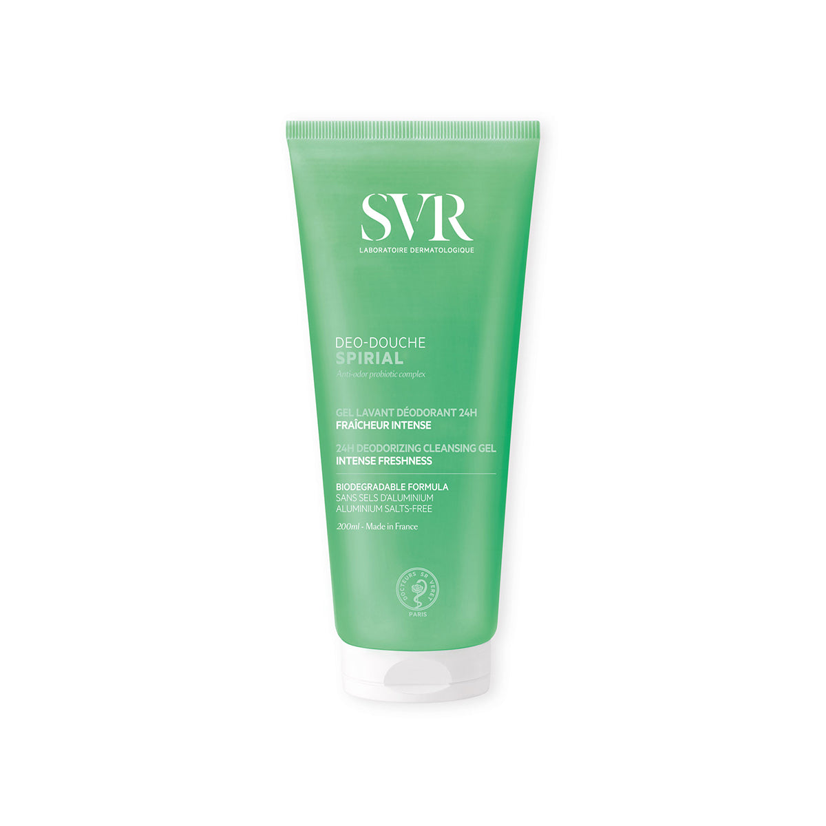 Tube de gel douche déodorant SVR Spirial 200ml vert avec bouchon blanc, formule nettoyante probiotique 24h.