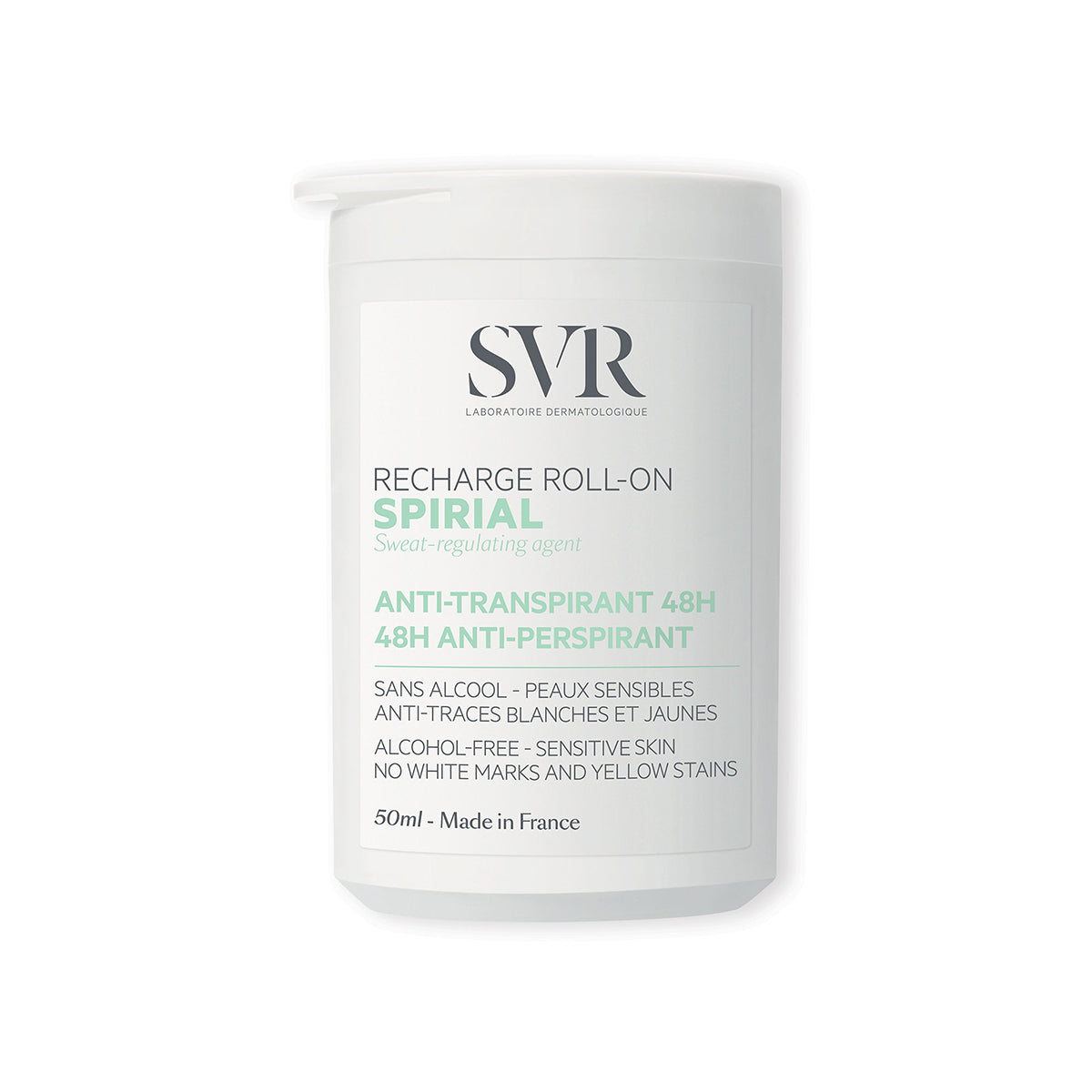 Déodorant roll-on SVR Spirial 50ml blanc avec étiquette minimaliste pour peaux sensibles et anti-traces.