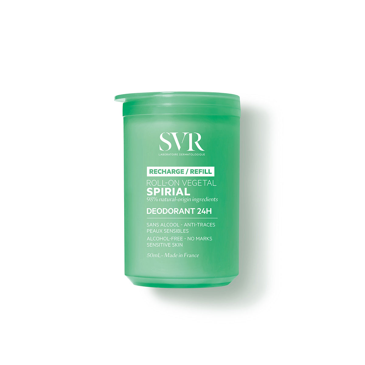 Recharge de déodorant SVR Spirial Roll-On Végétal 50ml dans un flacon cylindrique vert translucide.
