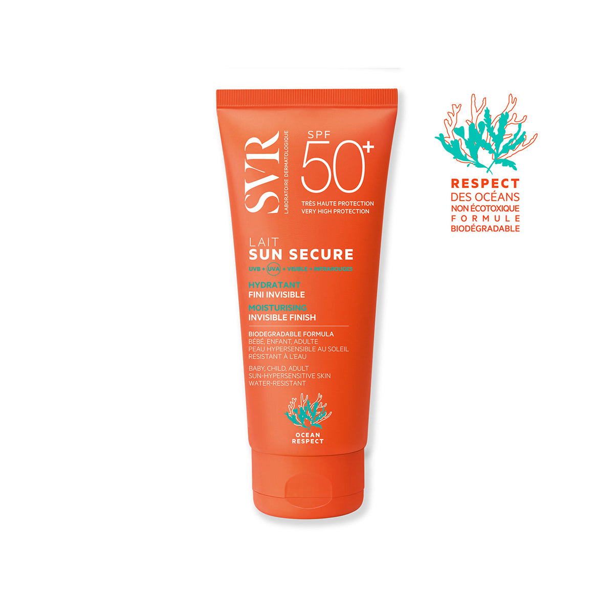 Tube orange de lait solaire SVR Sun Secure SPF50+ avec logo Ocean Respect et texte blanc sur fond blanc.