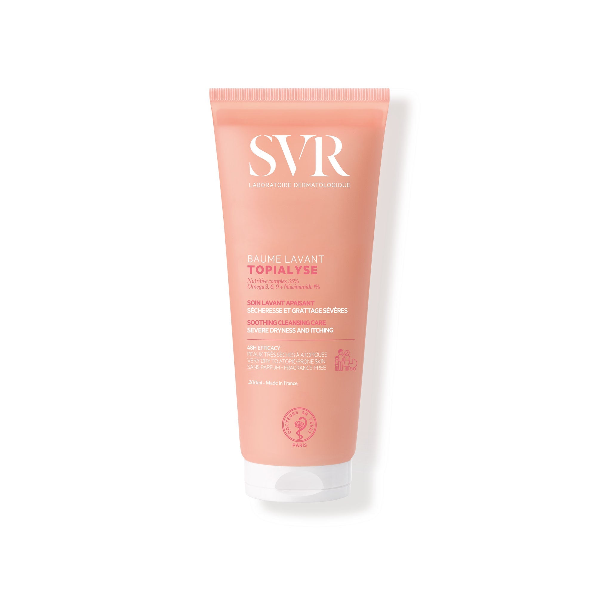 Tube de 200ml SVR Topialyse Baume Lavant rose pêche, soin apaisant pour peaux très sèches et atopiques avec bouchon blanc.