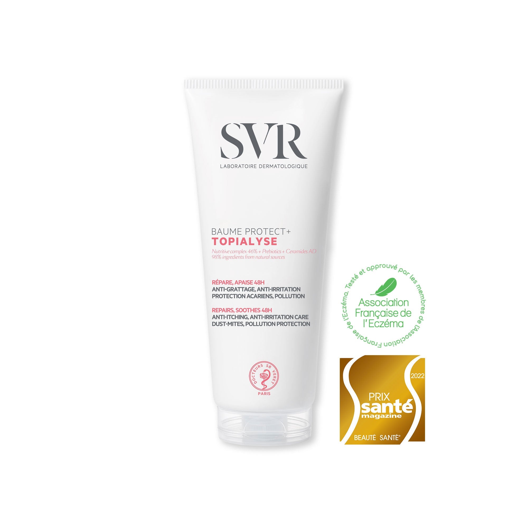 Tube blanc de baume SVR Topialyse Protect+ avec texte noir et rose, accompagné d'un label de l'Association Française de l'Eczéma.