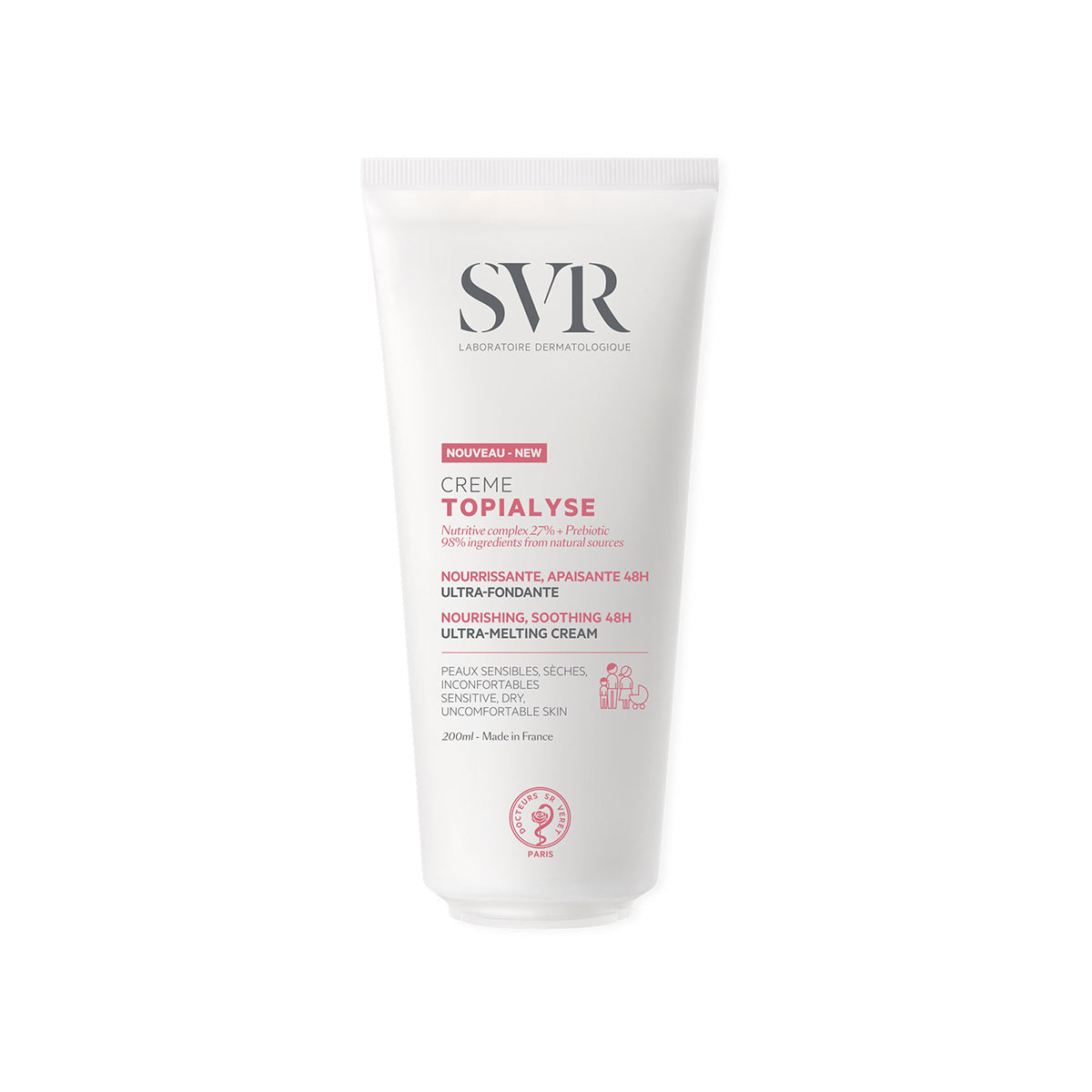Tube blanc de 200ml de crème hydratante SVR Topialyse pour peaux sèches et sensibles avec texte informatif en rose et noir.