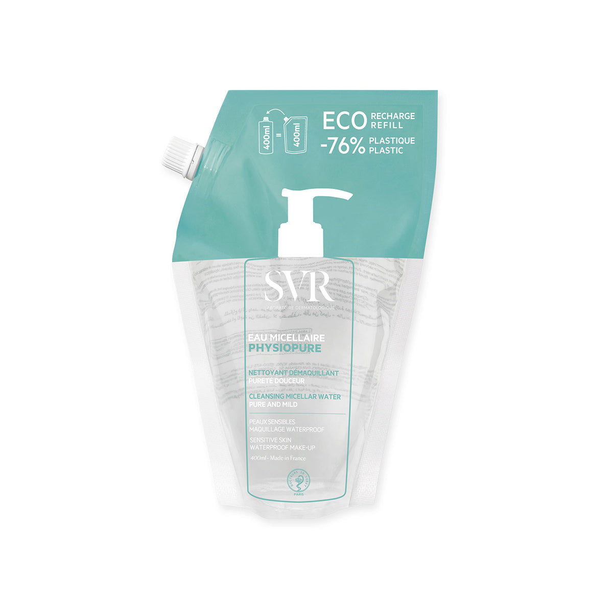Recharge éco 400ml SVR PHYSIOPURE Eau Micellaire pour peaux sensibles dans un sachet souple bleu et transparent.