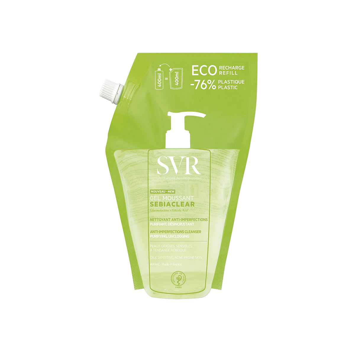 Recharge éco 400ml SVR Sebiaclear Gel Moussant, nettoyant purifiant vert pour peaux grasses à tendance acnéique.