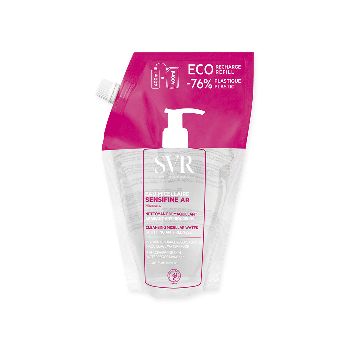 Recharge éco-responsable 400ml SVR Sensifine AR, eau micellaire apaisante anti-rougeurs en sachet souple rose et blanc.