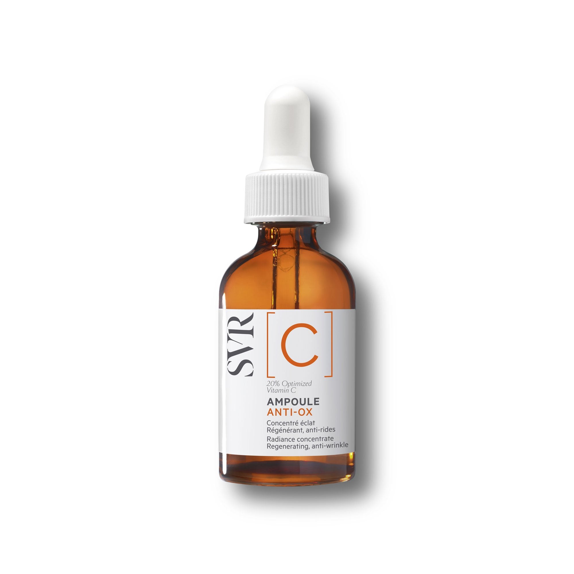 SVR [C] Ampoule Anti-Ox 2ml in an amber glass dropper bottle with a white cap and minimalist white label.