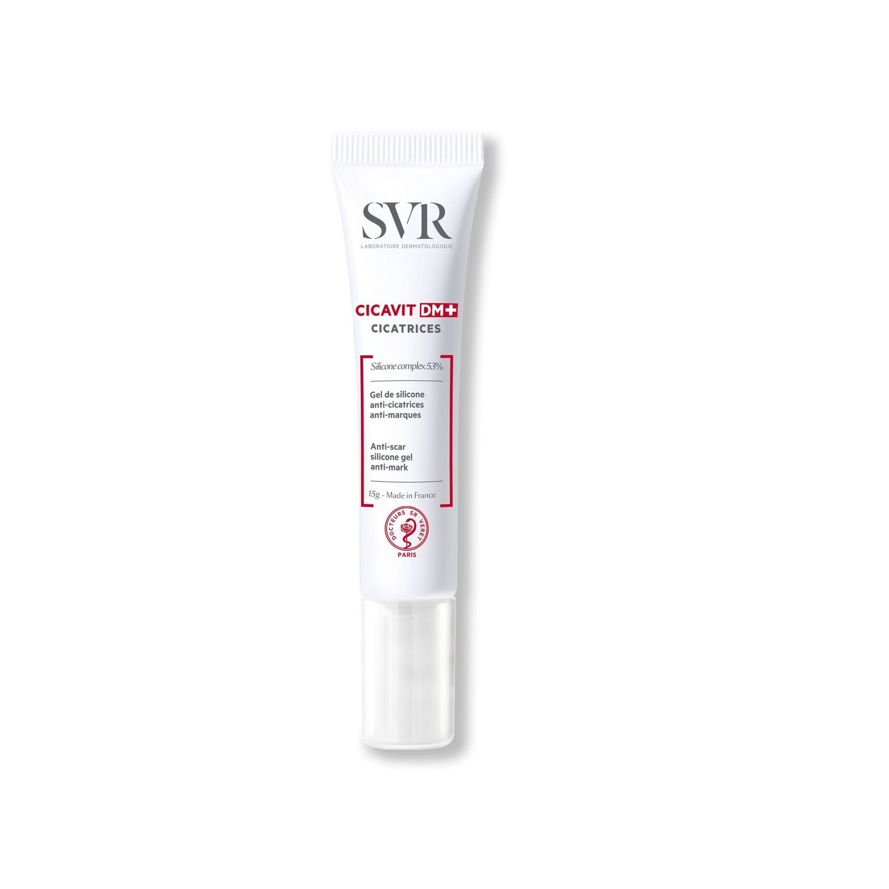 Tube blanc de gel cicatrisant SVR Cicavit DM+ 15g avec bouchon transparent sur fond blanc.