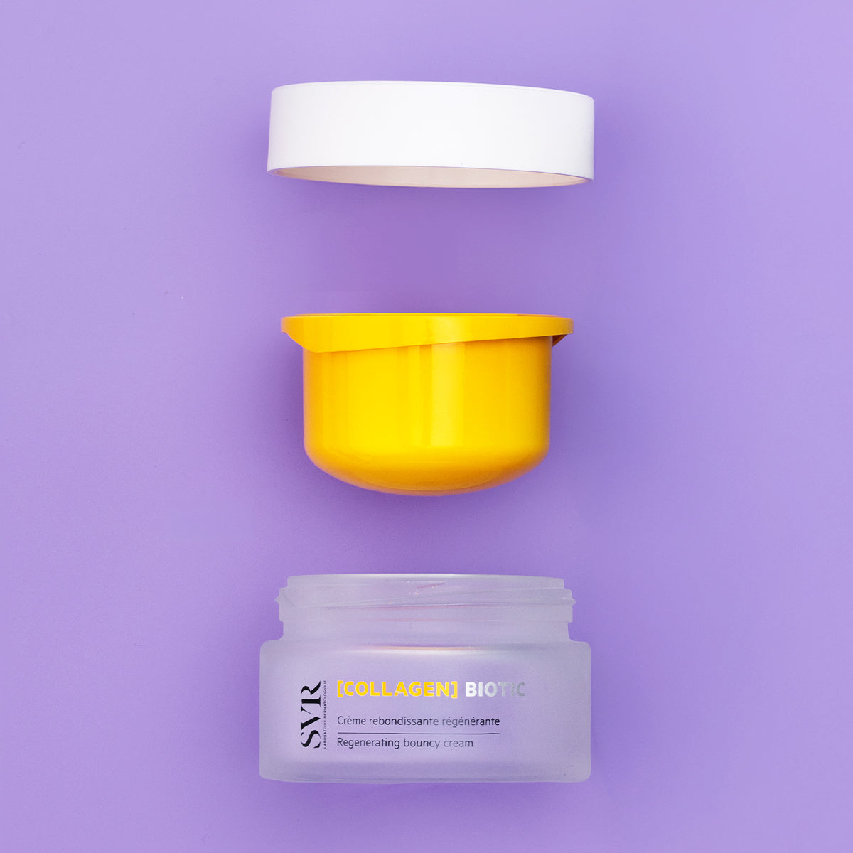 SVR [COLLAGEN] Biotic regenerating bouncy cream in a frosted glass jar with a yellow inner container and white lid.