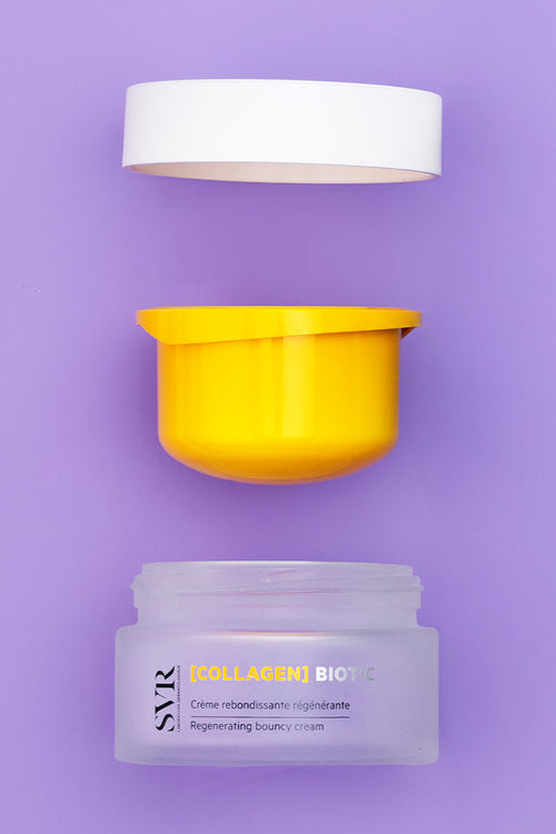 SVR [COLLAGEN] Biotic regenerating bouncy cream in a frosted glass jar with a yellow inner container and white lid.