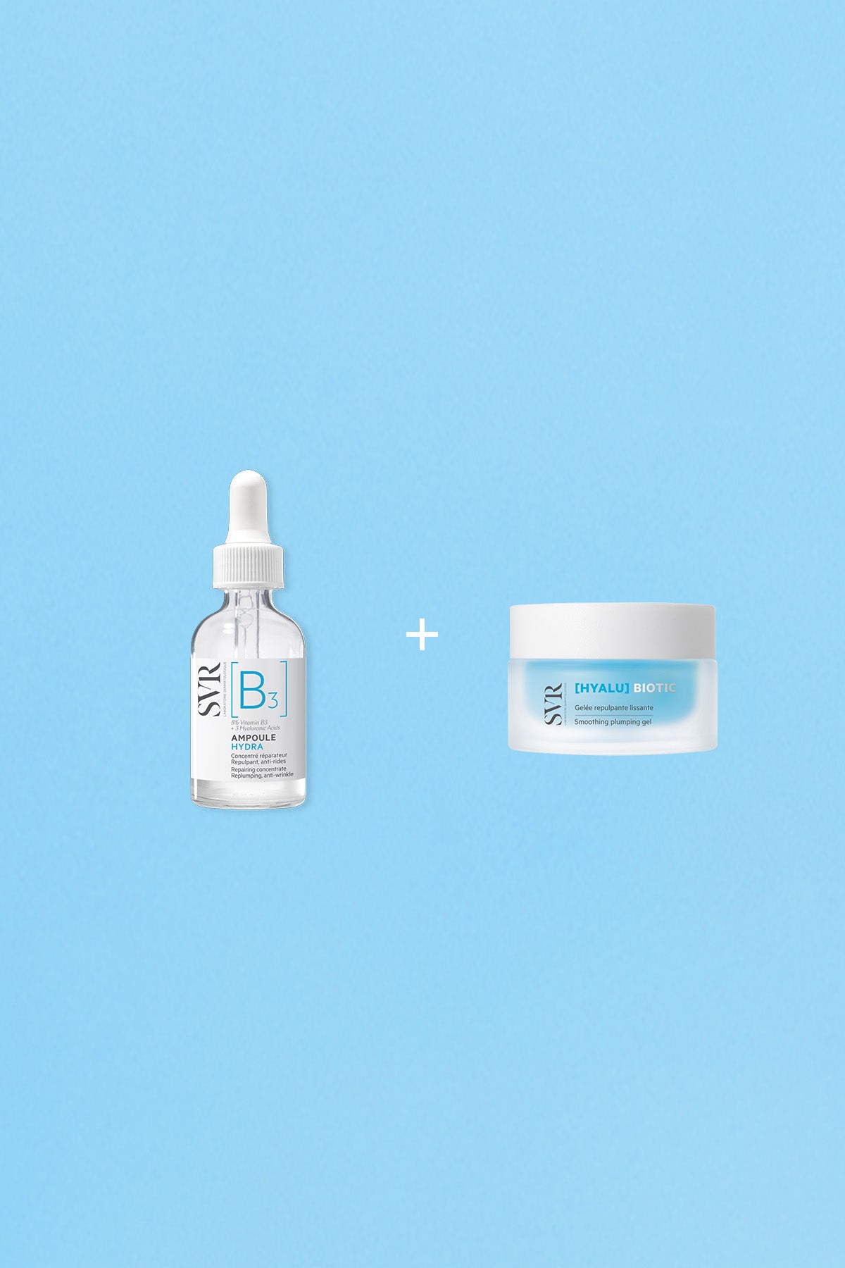 SVR B3 Ampoule serum and Hyalu Biotic smoothing gel cream set on a light blue background.