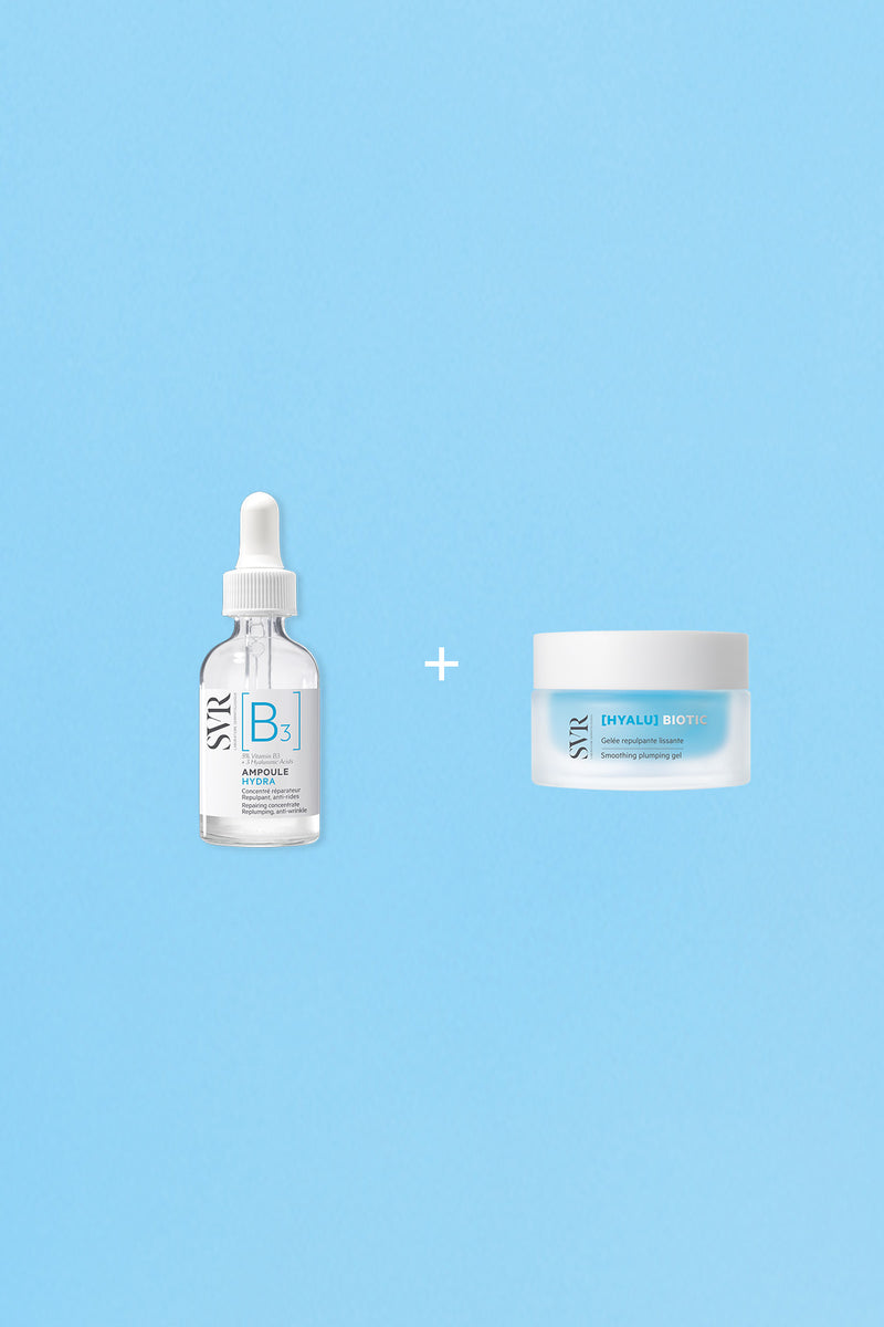 SVR B3 Hydra serum dropper bottle and Hyalu Biotic smoothing plumping gel jar on a light blue background.
