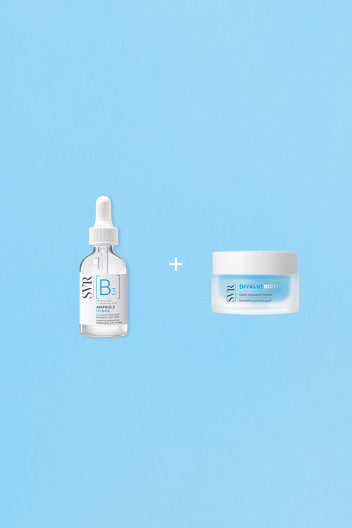 SVR B3 Hydra serum dropper bottle and Hyalu Biotic smoothing plumping gel jar on a light blue background.