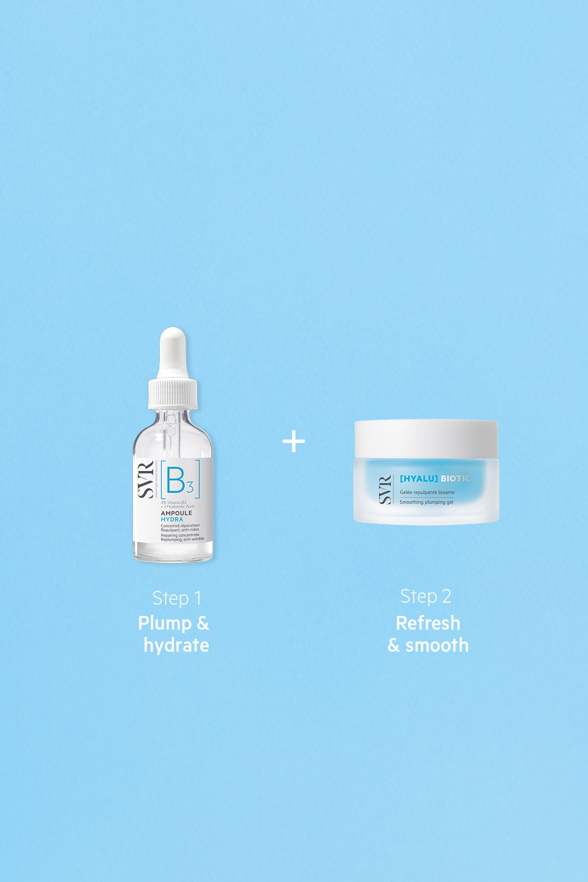 SVR Hydration Boost Duo featuring a B3 Hydra serum dropper bottle and a blue Hyalu Biotic plumping gel jar on blue.