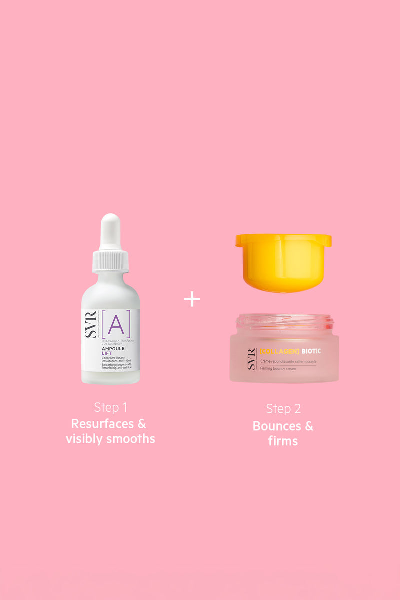 SVR smoothing skincare protocol featuring a white retinol ampoule and a pink firming collagen cream on a pink background.
