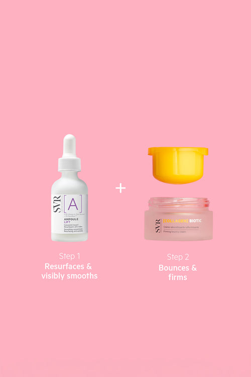 SVR smoothing skincare protocol featuring a white retinol ampoule and a pink firming collagen cream on a pink background.