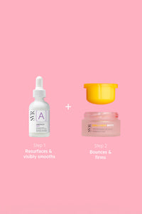 SVR Smoothing Protocol set with a white retinol ampoule dropper and a pink Collagen Biotic firming cream jar.