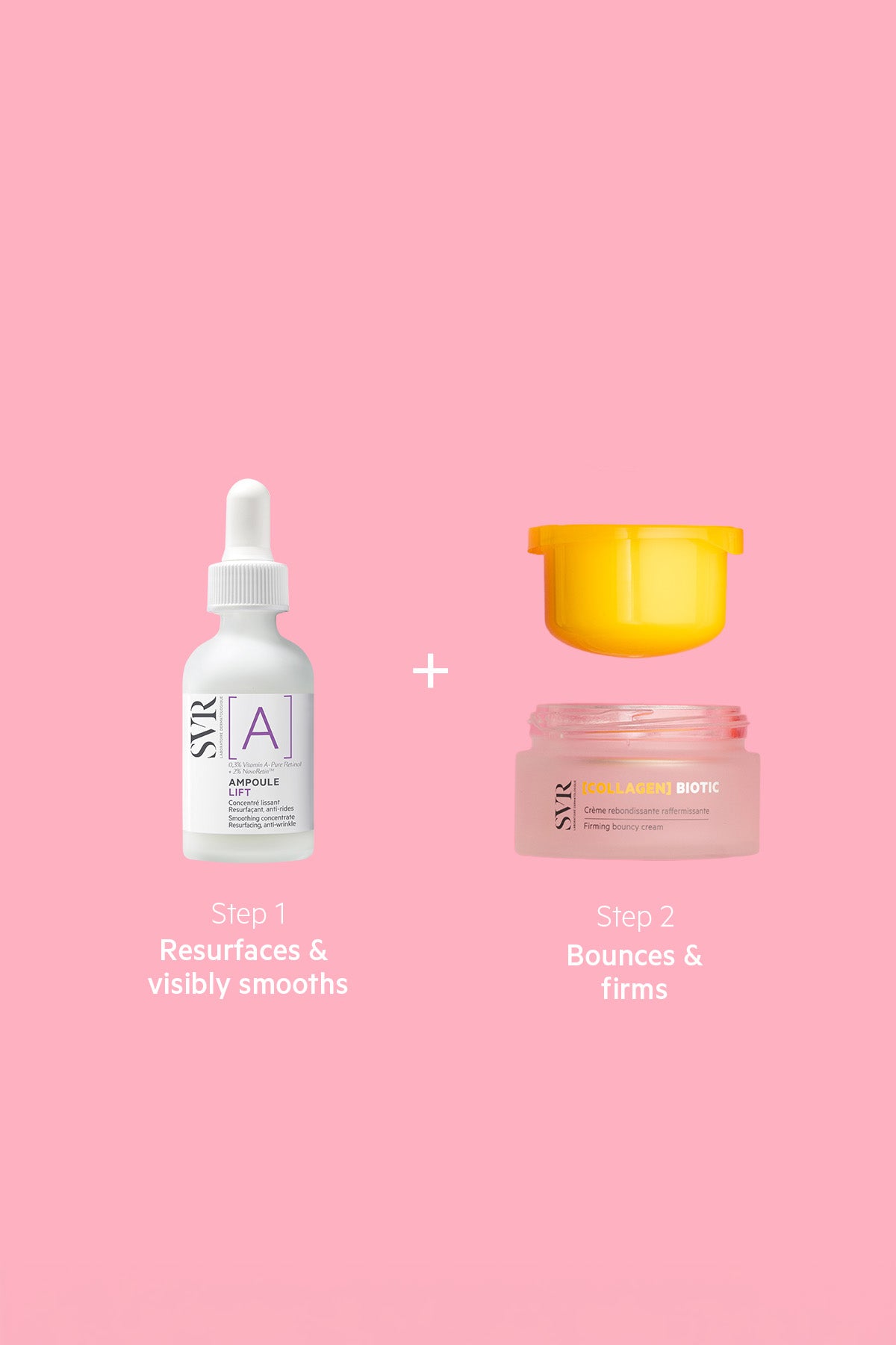 SVR Smoothing Protocol set with a white retinol ampoule dropper and a pink Collagen Biotic firming cream jar.