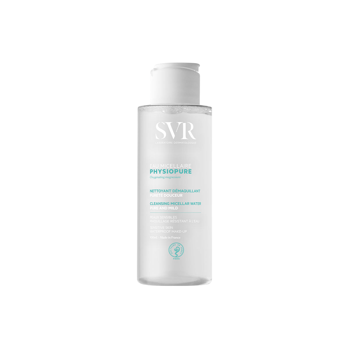 Flacon transparent de 100ml d'eau micellaire SVR Physiopure avec bouchon blanc, pour peaux sensibles.