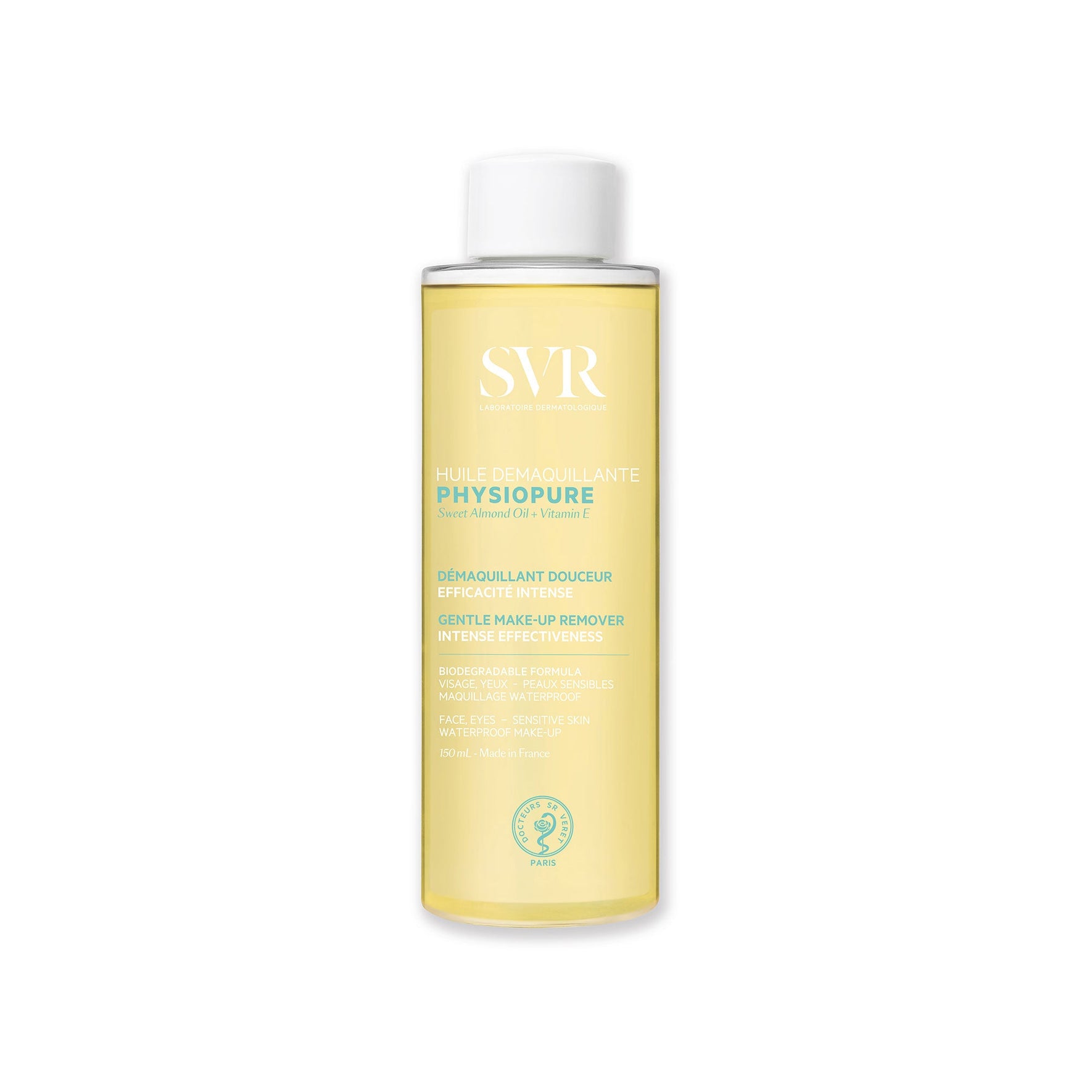 Flacon transparent de 150 ml d'huile démaquillante SVR Physiopure à la texture dorée avec bouchon blanc à vis.