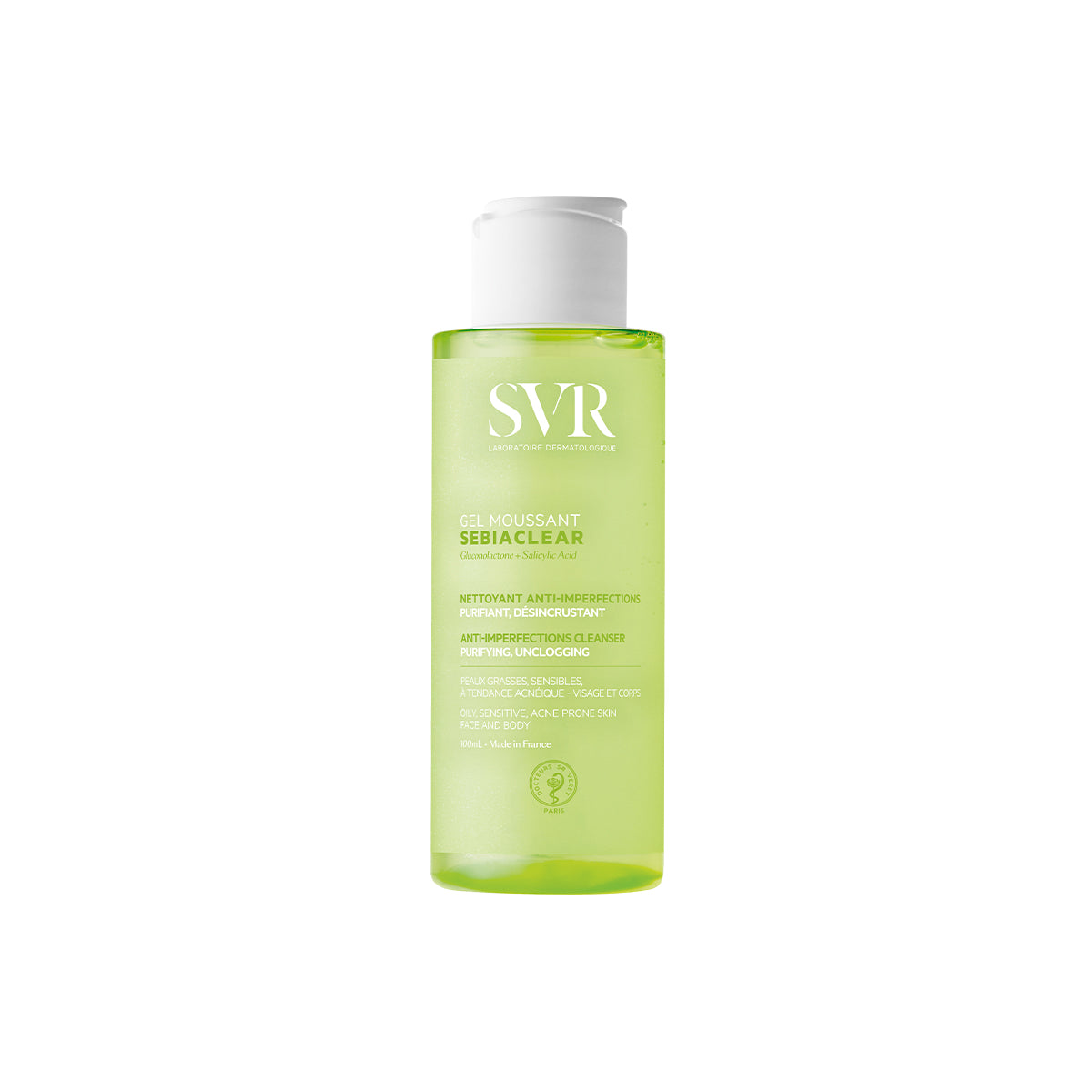Flacon de gel moussant SVR Sebiaclear 100ml, nettoyant purifiant vert translucide pour peaux grasses et acnéiques.