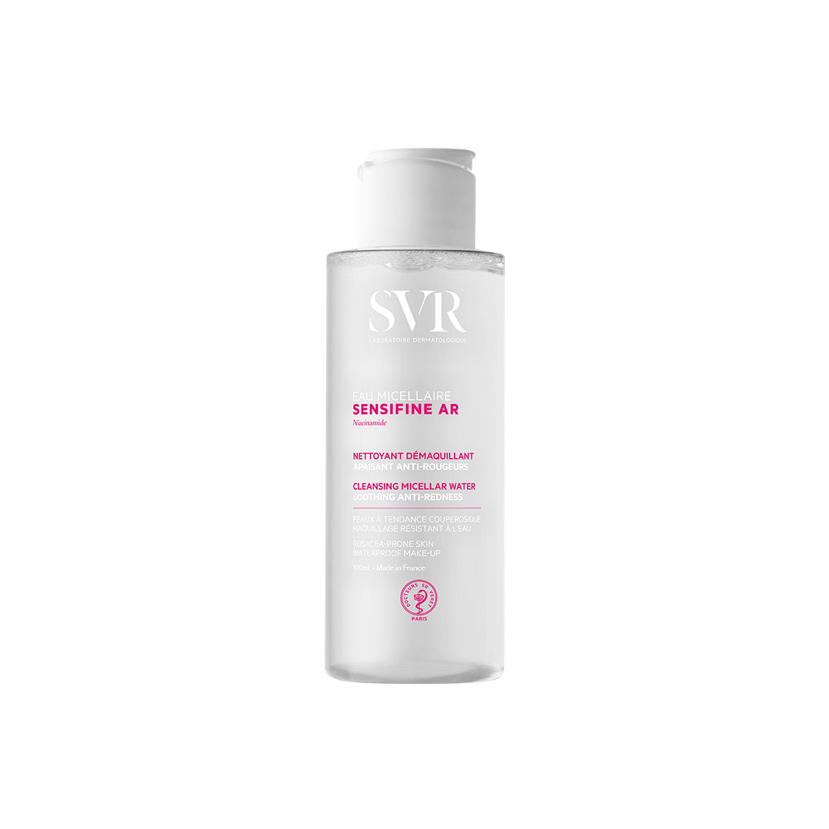Flacon transparent de 100ml d'eau micellaire SVR Sensifine AR avec bouchon blanc et étiquette blanche et rose.