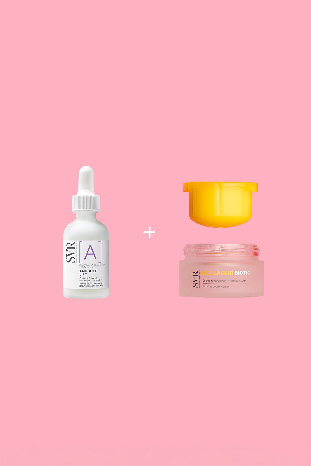 SVR Smoothing Protocol set with a white retinol ampoule dropper bottle and a pink firming cream jar with a yellow lid.