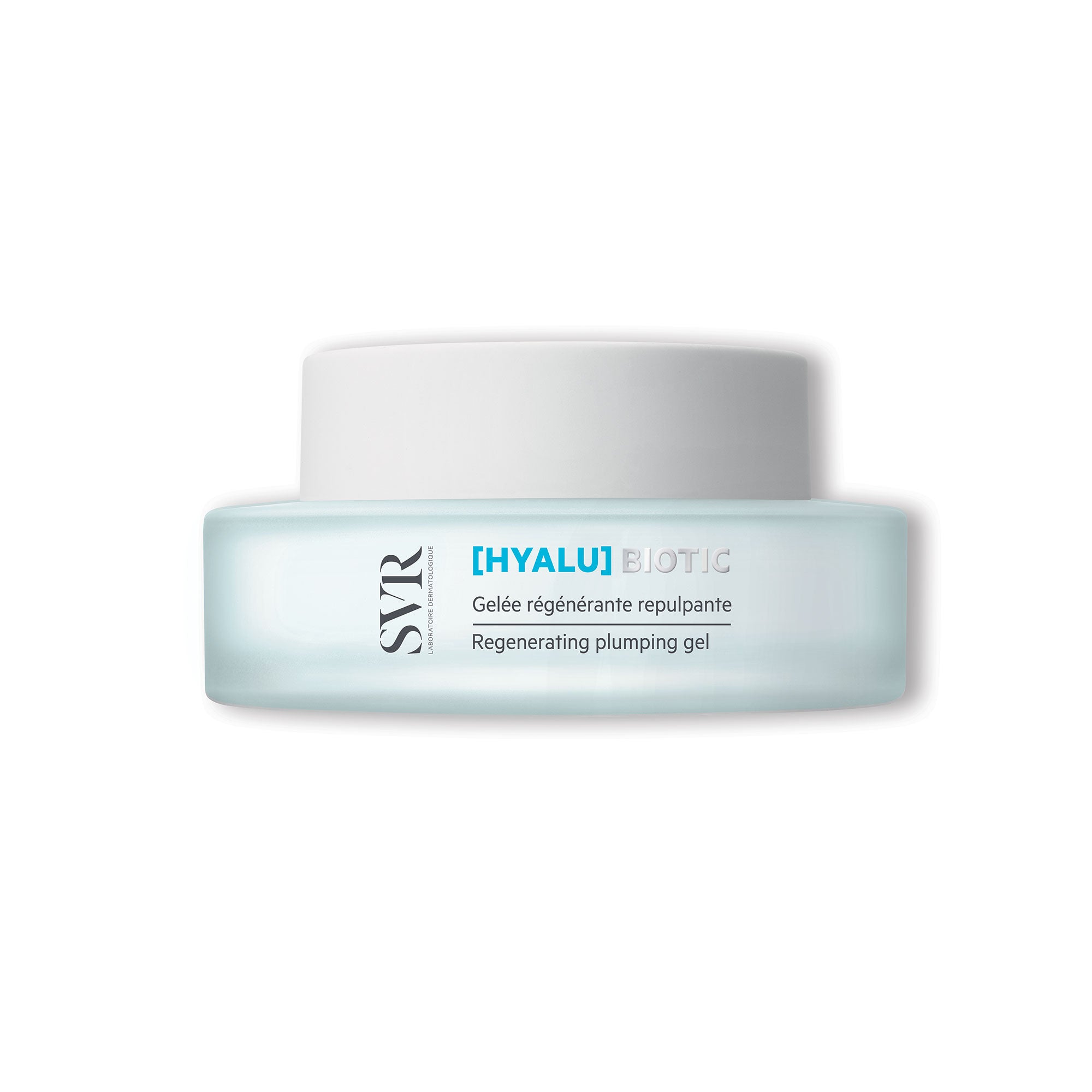 SVR [HYALU]Biotic regenerating plumping gel in a frosted light blue glass jar with a white screw-top lid.